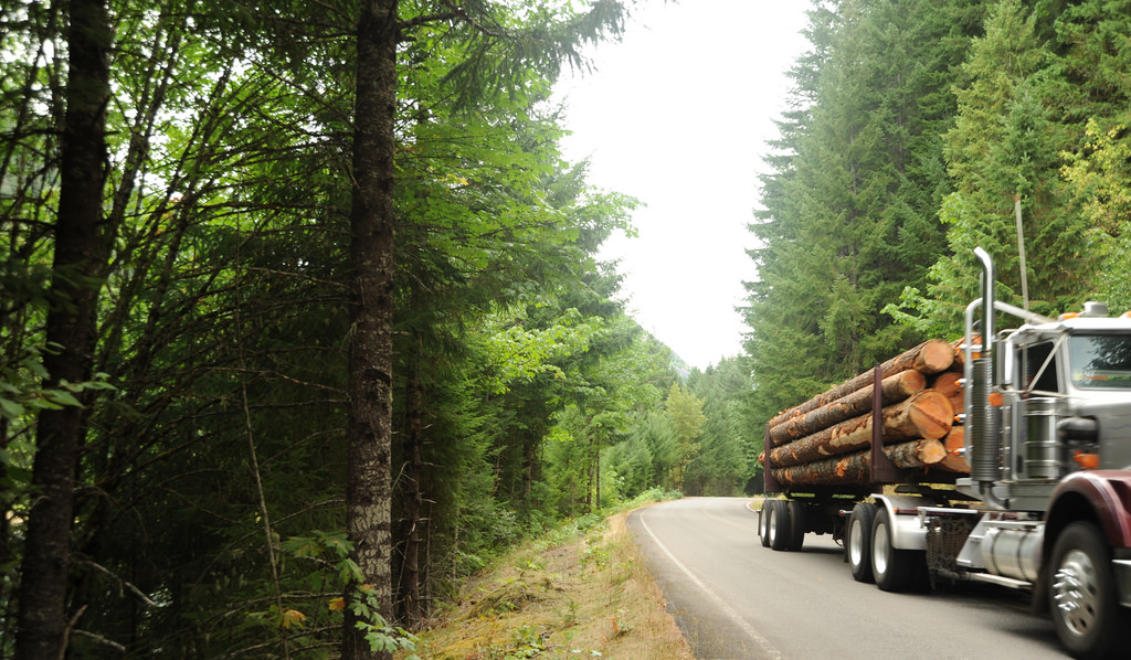 Logs loaded up in transport, truck, road by Wonderlane, on Flickr