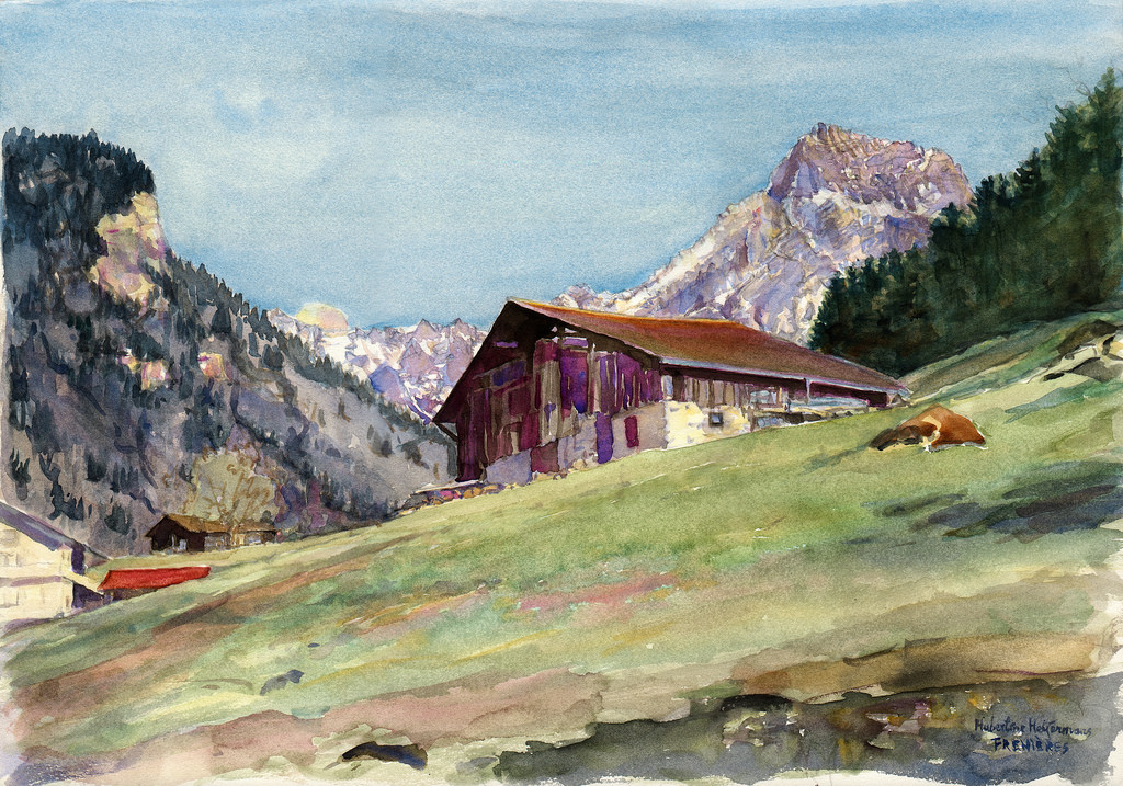 Watercolor of Frenières above Bex and t by Landscape/ People in oil paint watercolor etching, on Flickr