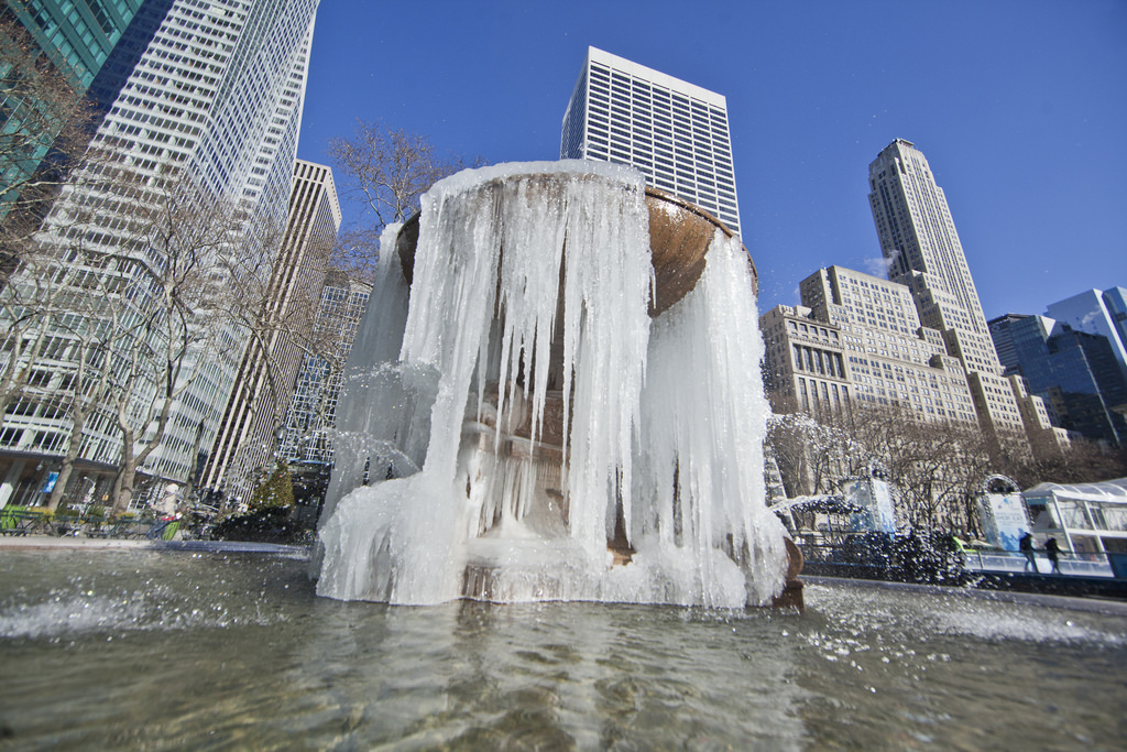 Bryant Park Water Fountain freezing over by Anthony Quintano, on Flickr
